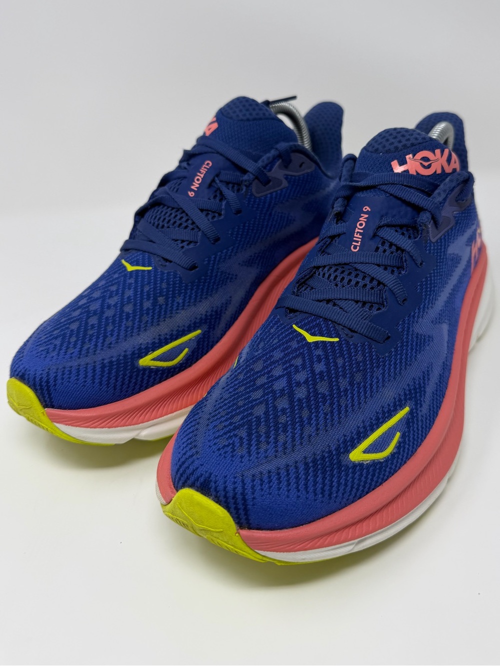 Hoka Clifton 9 Women's Running Shoes - Navy, Coral & Neon Yellow Sz. 9